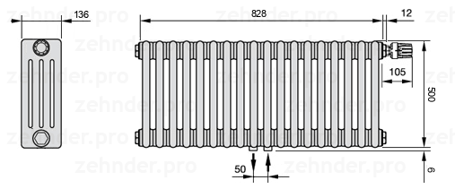 Схема (чертеж) Радиатор Zehnder Charleston 4050/18 №V008 Белый глянцевый RAL 9016